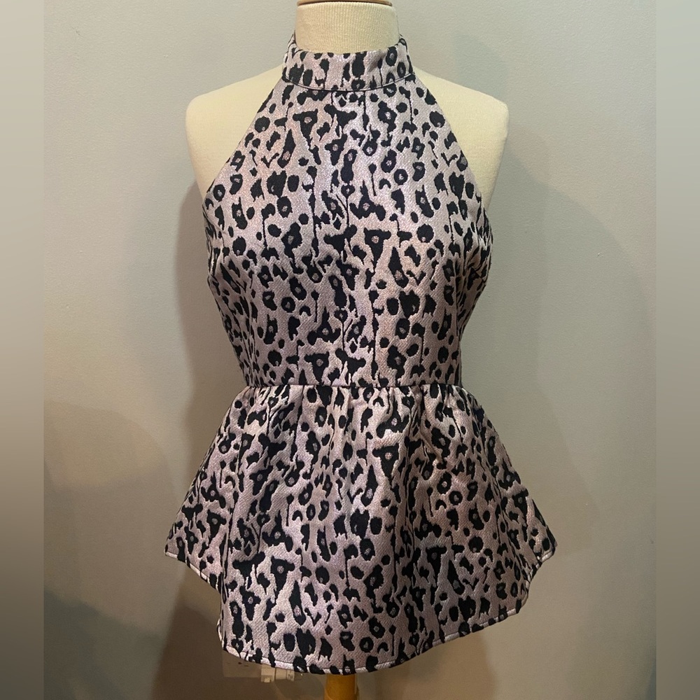 Leopard Print Metallic Pink Peplum Halter M